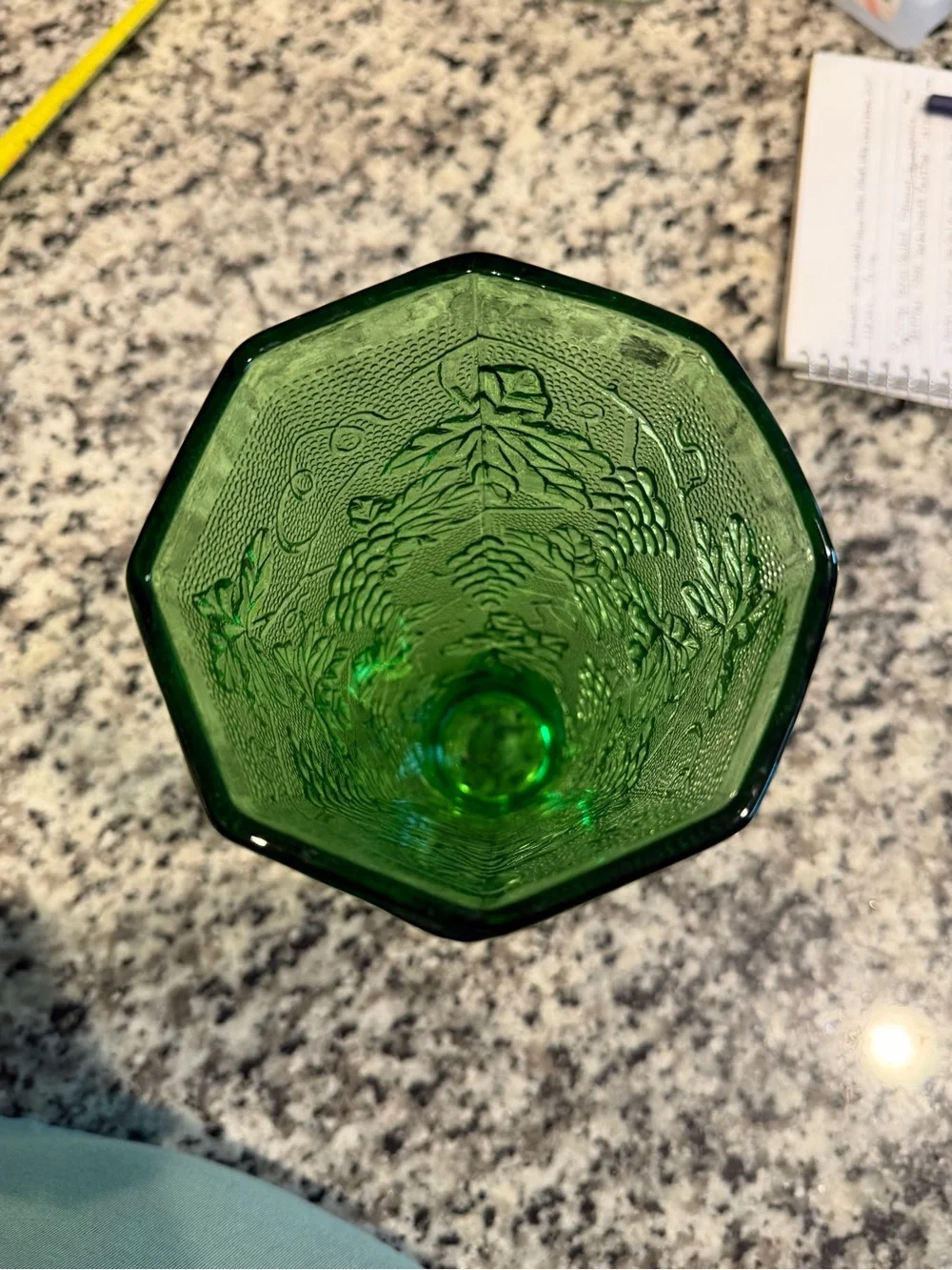 Anchor Hocking Green Pressed Glass Vase with Grape Motif